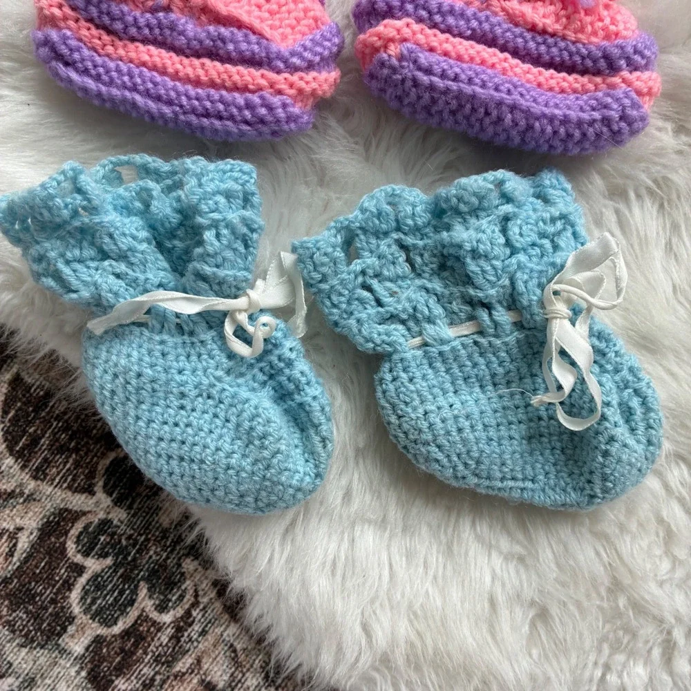 Vintage Handknit Baby Booties Bundle 3 Pairs Blue Pink Purple Crochet Slippers
